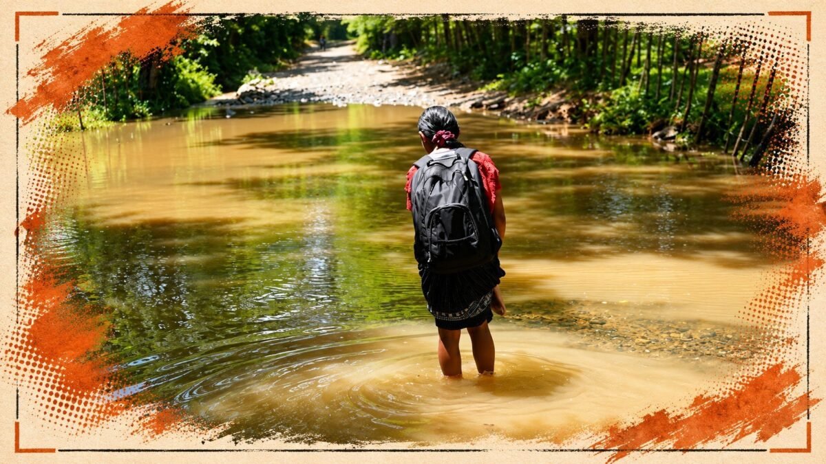 Fotografía de una niña caminando junto a un camino rural inundado durante el fenómeno de El Niño en Ecuador.