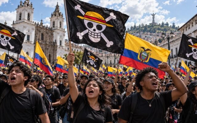 Jóvenes manifestantes en Ecuador durante la convocatoria del colectivo FARO a la movilización nacional.