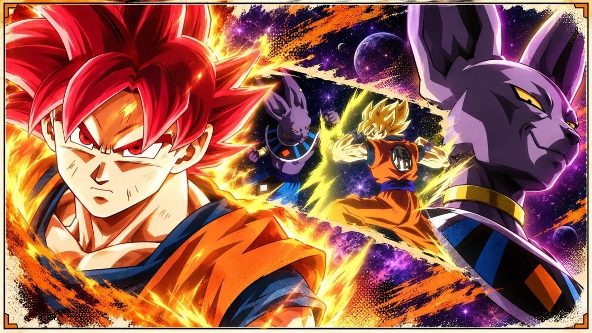 Ilustración oficial del enfrentamiento entre Son Goku y el Dios de la Destrucción Beerus en Dragon Ball Super.