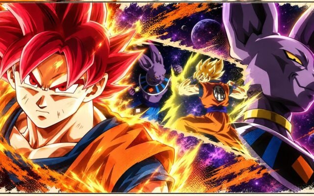 Ilustración oficial del enfrentamiento entre Son Goku y el Dios de la Destrucción Beerus en Dragon Ball Super.