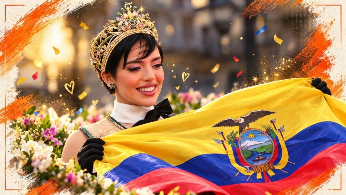 Fotografía de Shyare Andrade sonriendo y saludando con su corona y banda de primera finalista en el aeropuerto de Guayaquil.