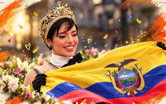 Fotografía de Shyare Andrade sonriendo y saludando con su corona y banda de primera finalista en el aeropuerto de Guayaquil.