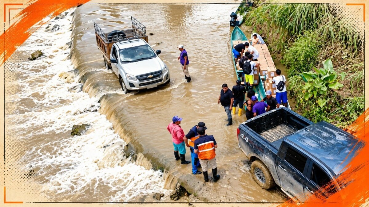 Fotografía de nubes de tormenta y fuertes lluvias sobre una carretera en la región Litoral de Ecuador.